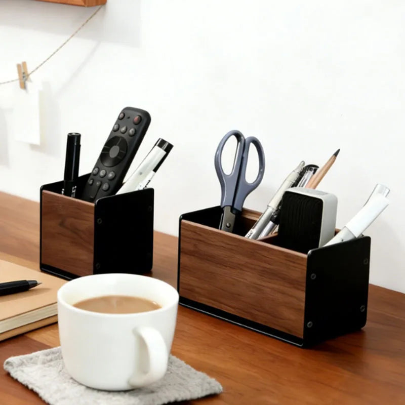 Wooden Pen Holder For Desk Walnut Wood Pencil Cup Makeup Brush Organizer Office Home Unique Modern Desktop Accessory Decoration