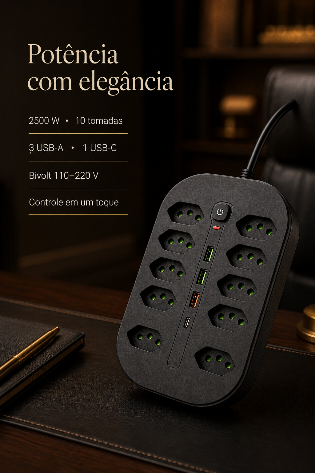 Estação de Energia Premium com Tomadas e USB 110-220V 10A